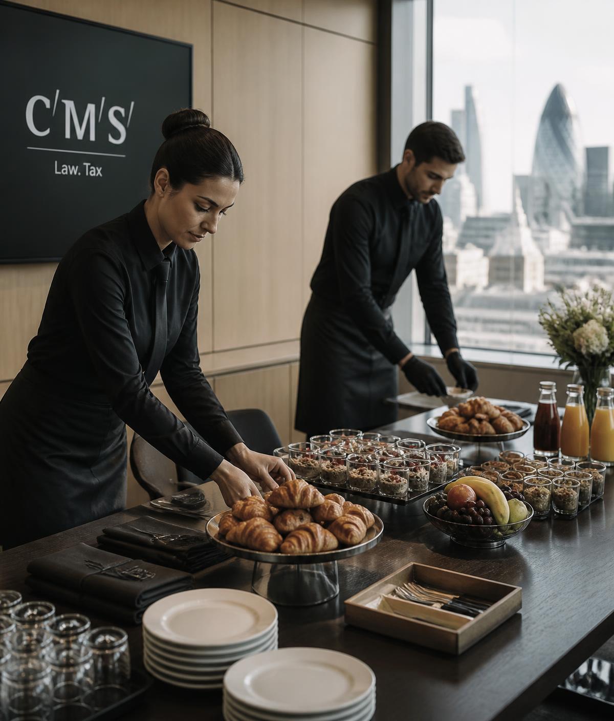 Catering staff setting up a discreet breakfast station in a London office